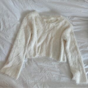 White Fuzzy Cropped Sweater with slit on neck (New)